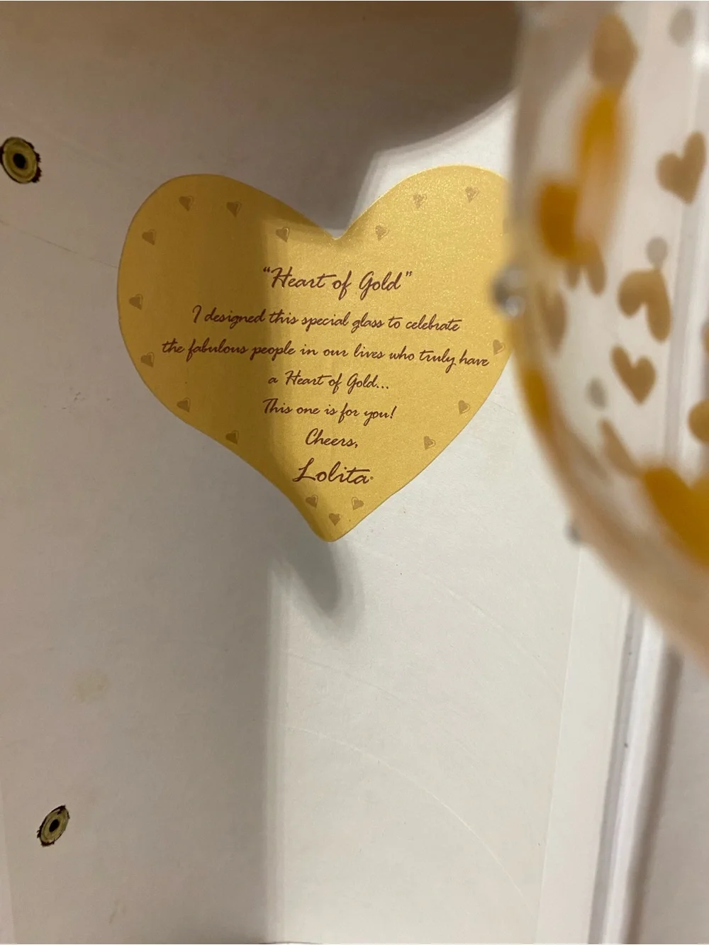 Lolita Heart of Gold Wine Glass Pair Hand Painted Rhinestone Stemmed Set of 2